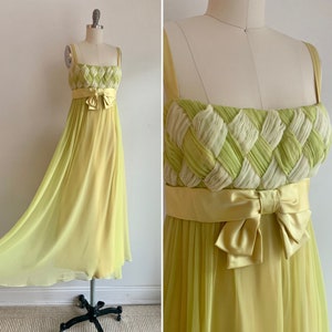 Vintage 1970s Yellow and Green Chartreuse Silk Chiffon Empire Waist Dress with Basket Weave Bodice