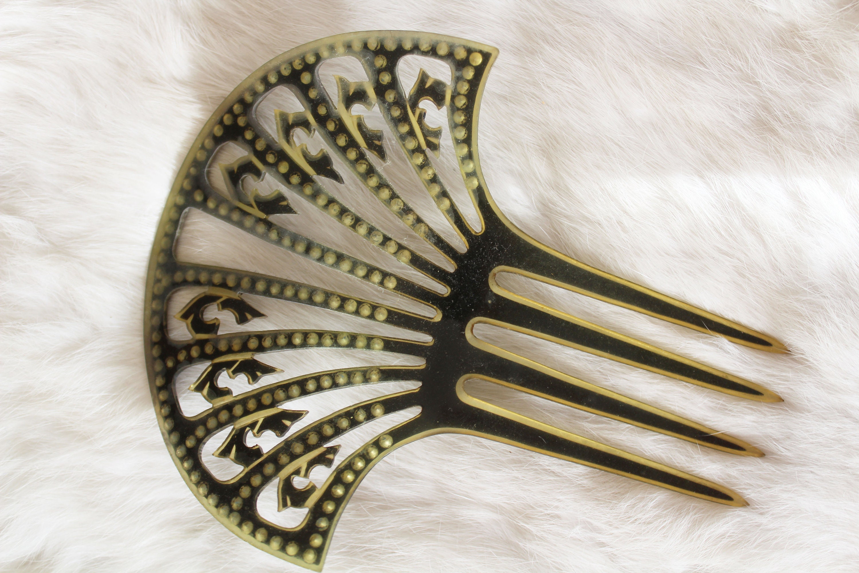 Vintage Art Deco Style Blue Rhinestone Fan Hair Comb Black Amber Celluloid 4.5\