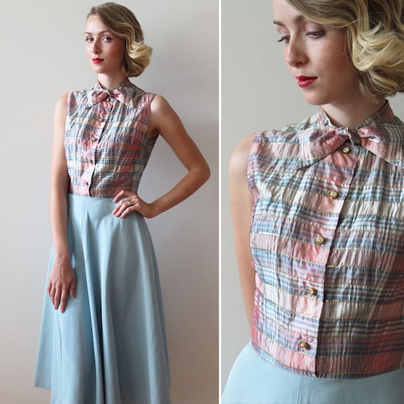 Vintage 1950s - 60s Plaid Party Dress with Bias Cu