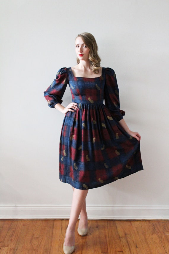 Vintage 1980's Maroon and Navy Party Dress with P… - image 2
