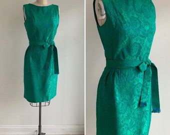 Vintage 1970s Emerald Green and Teal Blue Brocade Party Dress - Special Occasion, Mother of the Bride, Holiday