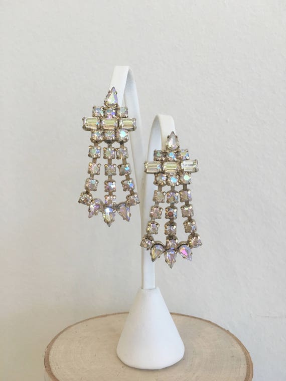 Vintage 1960s AB Crystal Dangle Earrings - Stateme