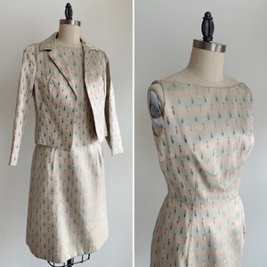 Vintage 1960&#39;s Sheath Dress with Matching Jacket - Unique Fabric and Embellishment, Wedding Shower, Easter