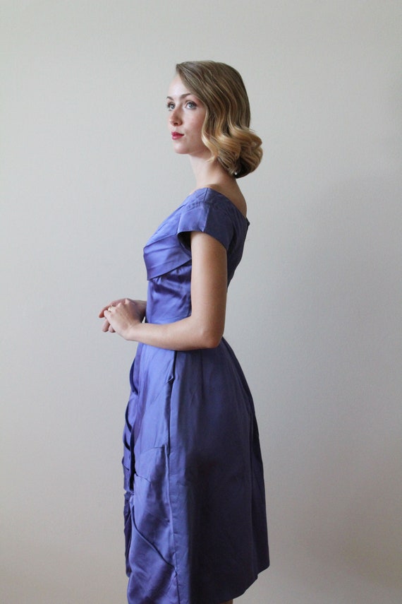 Vintage 1960's Violet / Blue Satin Party Dress wi… - image 7