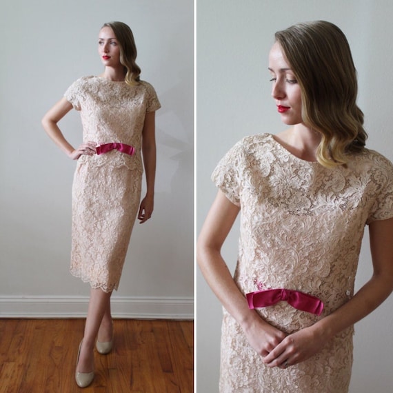 Vintage 1950's -60's Pink French Lace Party Dress… - image 1