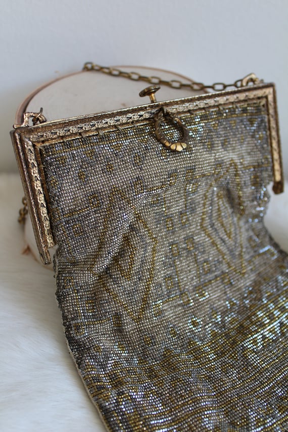 Antique Edwardian Glass Beaded Evening Bag with Be