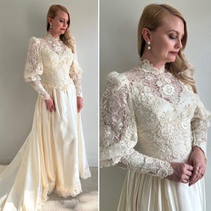 Vintage Early 1980s Ivory Satin and Lace Long Sleeve Wedding Dress