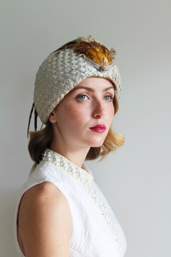 Vintage Woven Silver Hat with Pheasant Feather De… - image 4