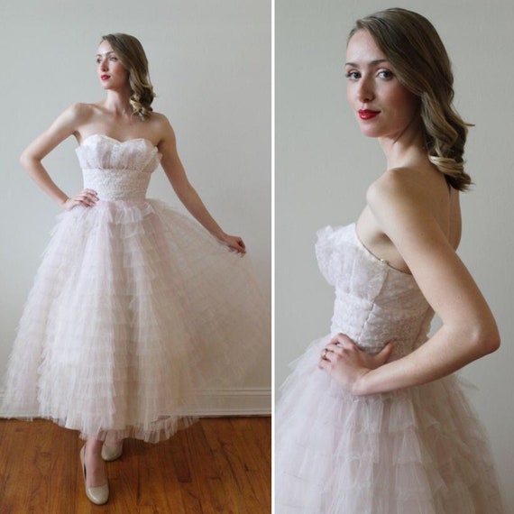 1950s Tea Length Light Pink And White Tulle Wedding Dress Etsy