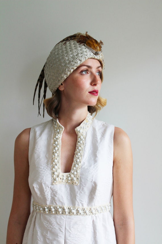 Vintage Woven Silver Hat with Pheasant Feather De… - image 2