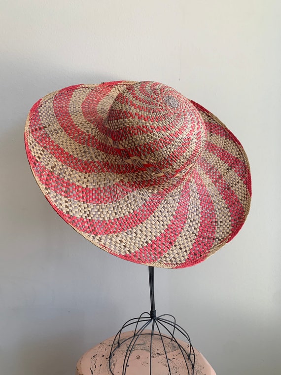 Vintage Multi-Colored Straw Sun Hat - Wide Brim, F