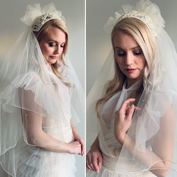 1920's Vintage Bridal Headband Veil with Tulle & Floral Beading