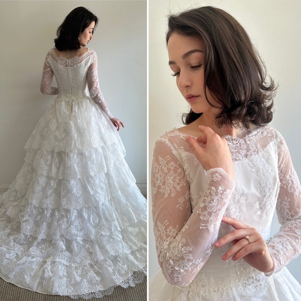 Vintage 1950s Alfred Angelo Long Sleeve Floral Lace Gown with Ruffled Train and Pearlescent Beading Details