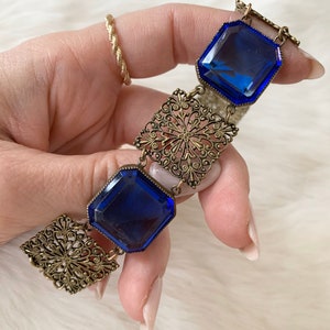 Vintage 1920s-1930s Sapphire color czech glass - crystal and gold tone bracelet
