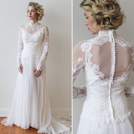 beaded lace wedding dress with pleated skirt