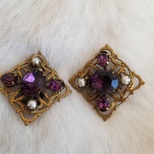 Vintage 1940s Purple Amythest Tone and Faux Pearl Clip-On Earrings