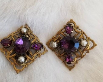 Vintage 1940s Purple Amythest Tone and Faux Pearl Clip-On Earrings