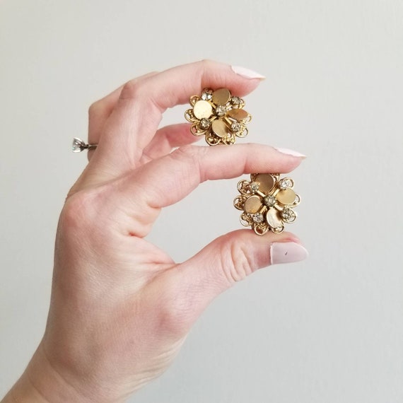Vintage Gold Tone Rhinestone Floral Motif Earrings - Etsy