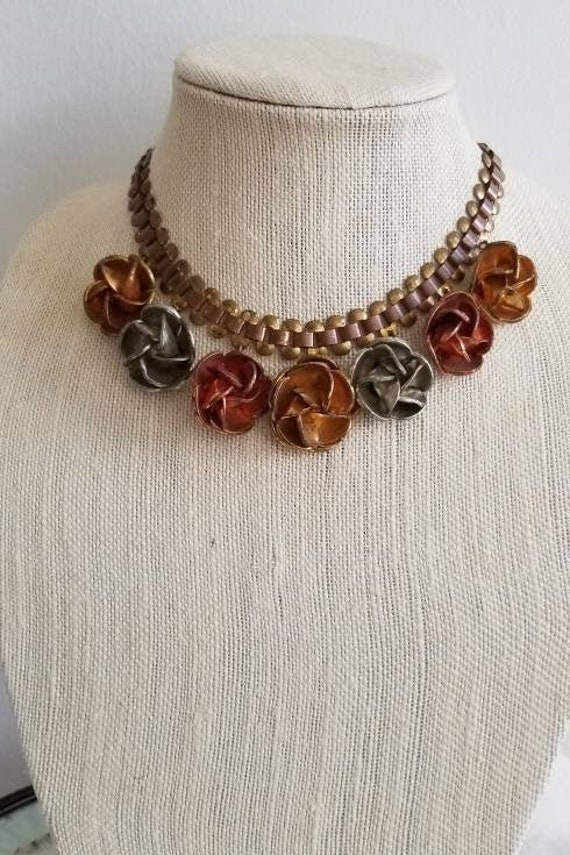 Vintage Mixed Metal Rose Choker Necklace - Unique 