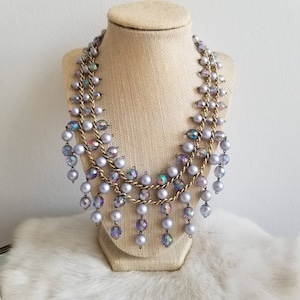 Vintage 1960s-70s Statement Necklace - Blue-Violet, Lavender tone Beading AB tone Beading