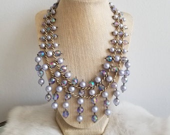 Vintage 1960s-70s Statement Necklace - Blue-Violet, Lavender tone Beading AB tone Beading