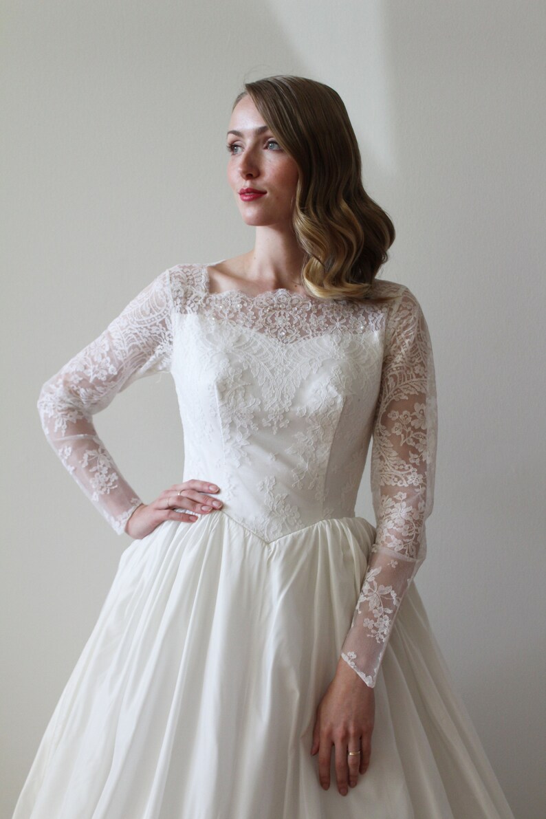Vintage 1950s Lace and Taffeta Long Sleeve Ballgown ...