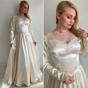 Vintage 1940s Slipper Satin Wedding Gown with Illusion Neckline, Beading and Sequin Details