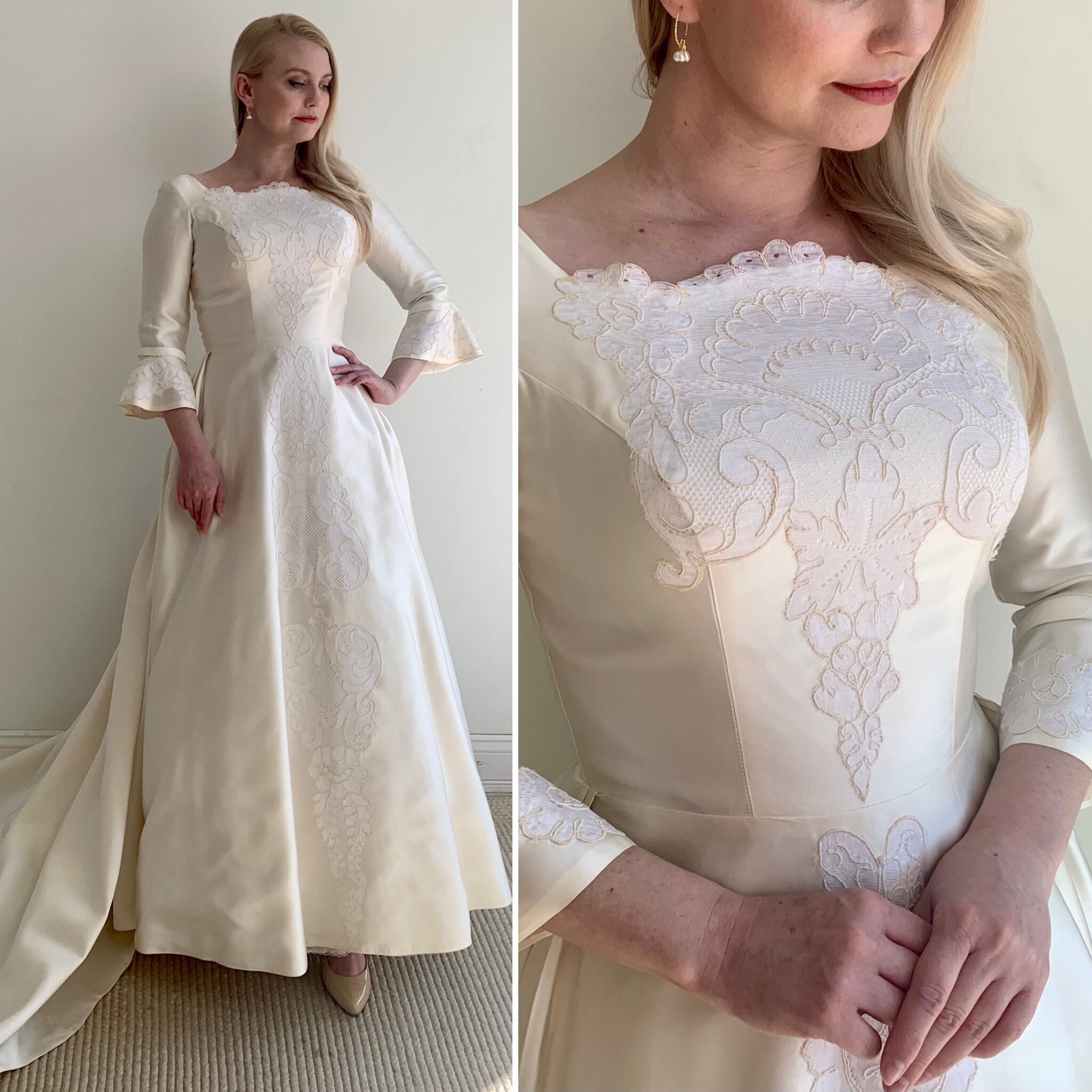 Vintage 1960s Satin Wedding Gown With Three-quarter Sleeve Vintage 1960s Satin Wedding Gown With Three-quarter Sleeve