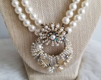 Vintage White Pearl tone Necklace with Statement Clasp - Crescent Moon, AB Crystals