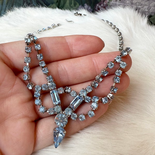 Vintage 1950s Light Blue Crystal Rhinestone Necklace, Signed La-Rel