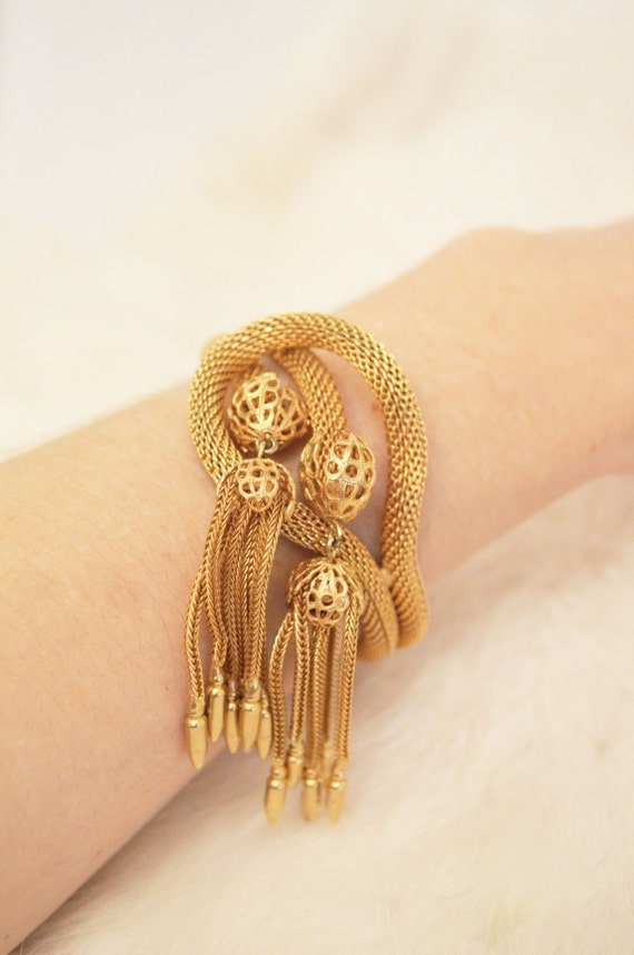 Vintage Signed Hobe Gold Tassel Bracelet