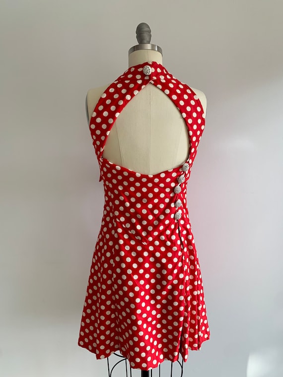 Vintage 1940s-50s Red and White Polka Dot Highnec… - image 7