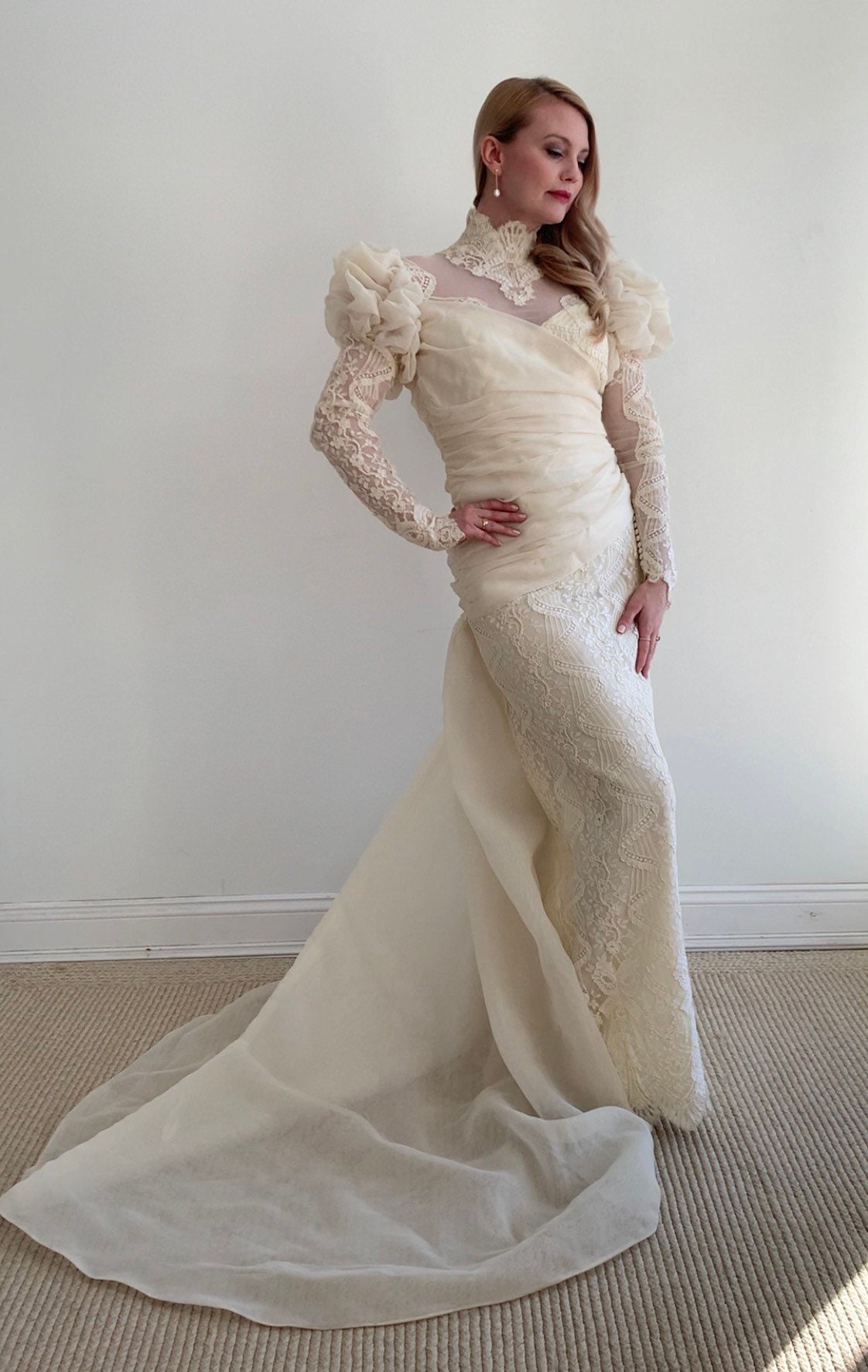 80s wedding dress long sleeve Union Made Vintage 80s Ivory Satin Sequin & Lace Long Sleeve Wedding Dress  sz 10