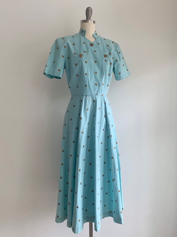 Vintage 1950's Blue and Gold Polka Dot Day Dress … - image 2