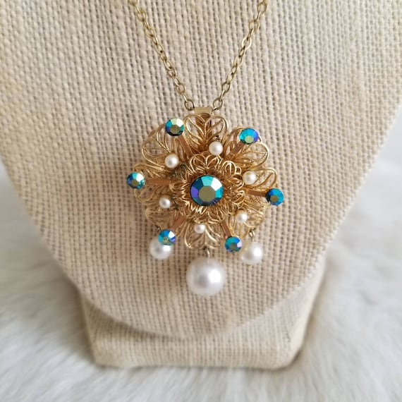 Vintage 1960s AB Crystal, Faux pearl, gold tone f… - image 1