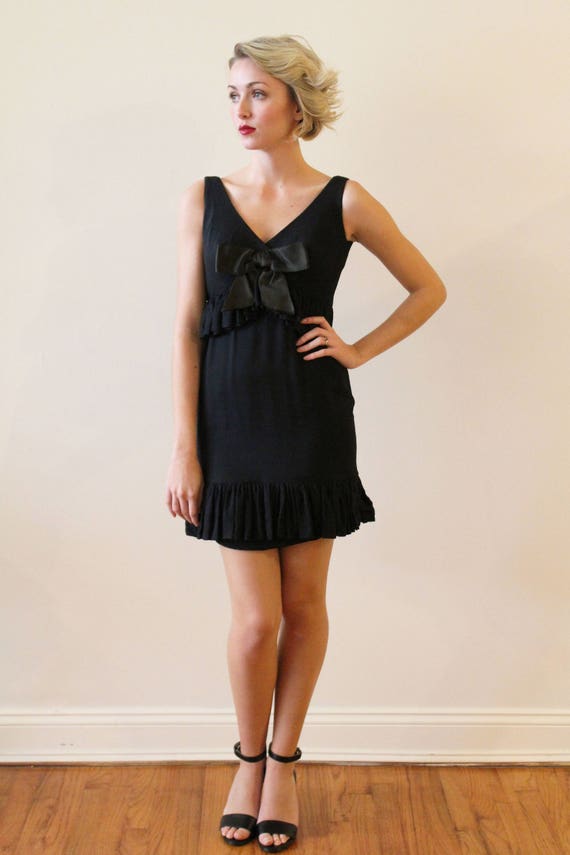 Vintage 1960s Black Mini Dress With Satin Bow Details- LBD