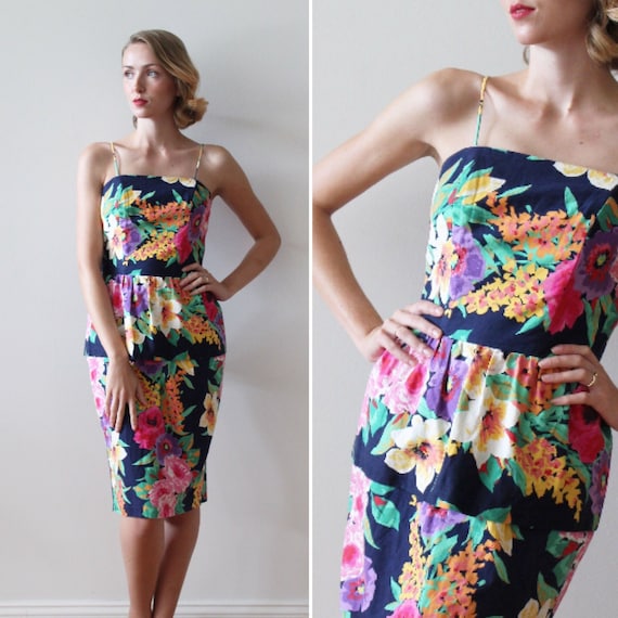 Vintage 1980s Sleeveless Floral Peplum Party Dress