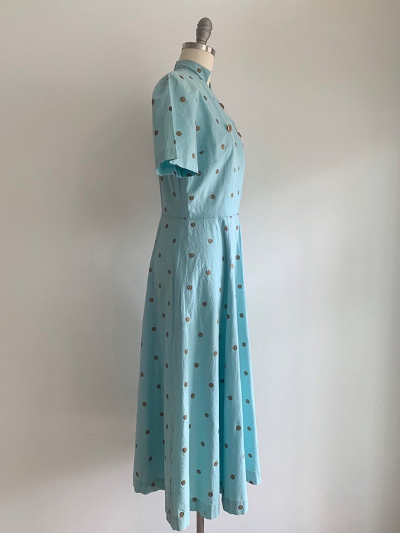 Vintage 1950's Blue and Gold Polka Dot Day Dress … - image 5