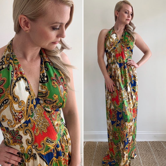 Vintage 1970's Bold Paisley Print Halter Maxi Dre… - image 1