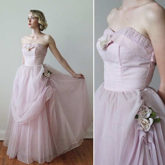 Vintage 1950s Strapless Organza Ball Gown with Fau