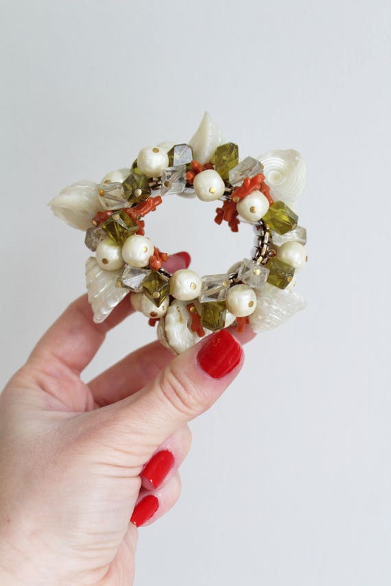 Vintage Shell Pearl Coral Bead Expandable Stateme… - image 5