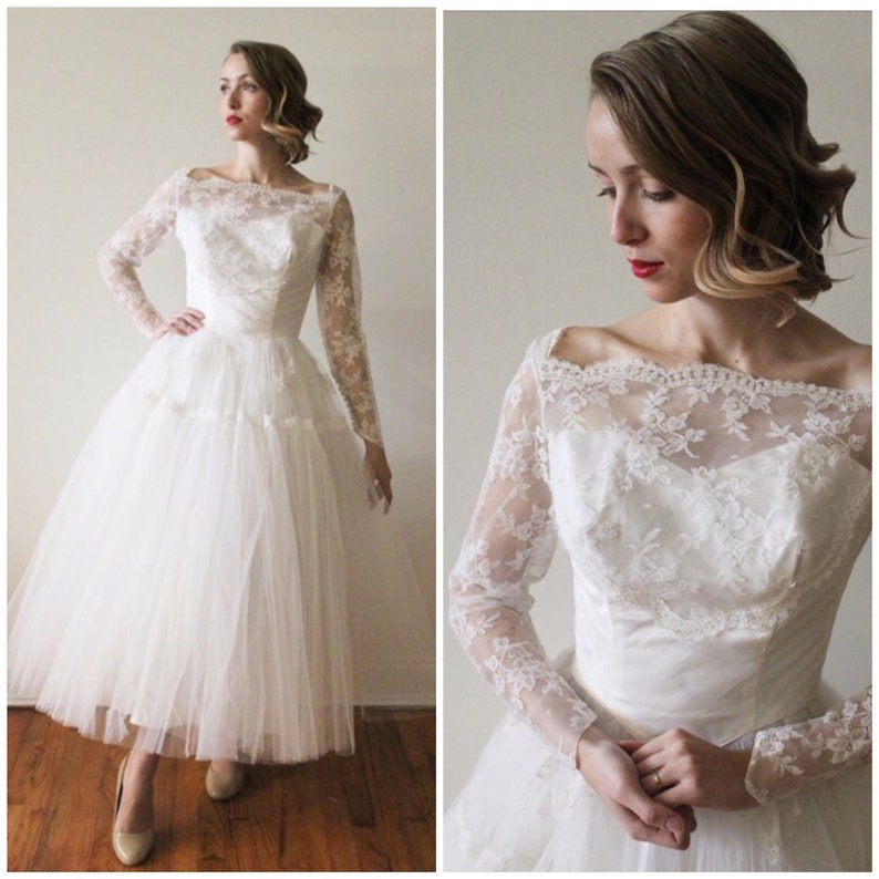 Vintage 1950s Long Sleeved Lace And Tulle Tea Length Wedding Etsy