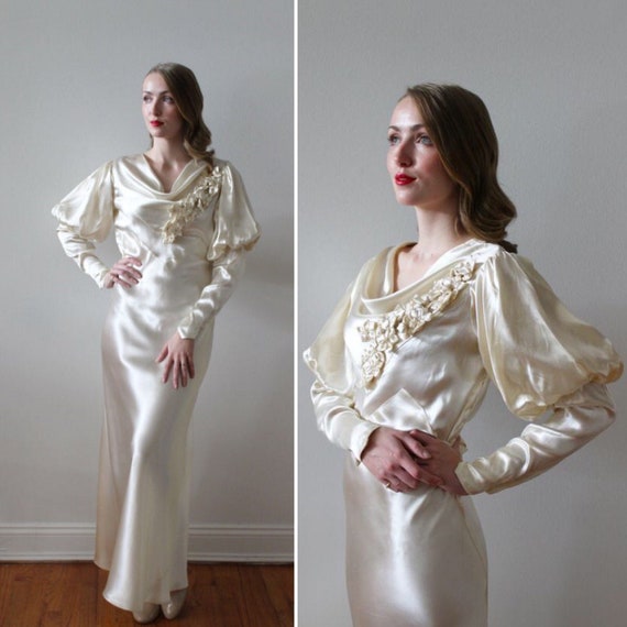 Vintage 1930's Bias Satin Long Sleeve Wedding Dres