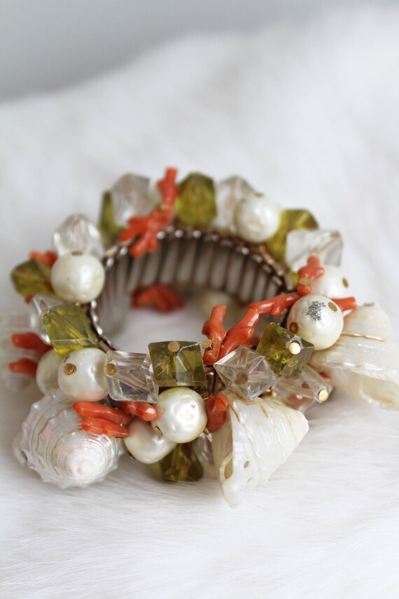 Vintage Shell Pearl Coral Bead Expandable Stateme… - image 2