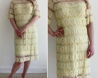 Vintage 1960s Miss Elliott Yellow Beaded Shift Dress