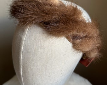 Vintage 1940s Brown Mink Headband with Twist Design and Coral Satin Statement Bow