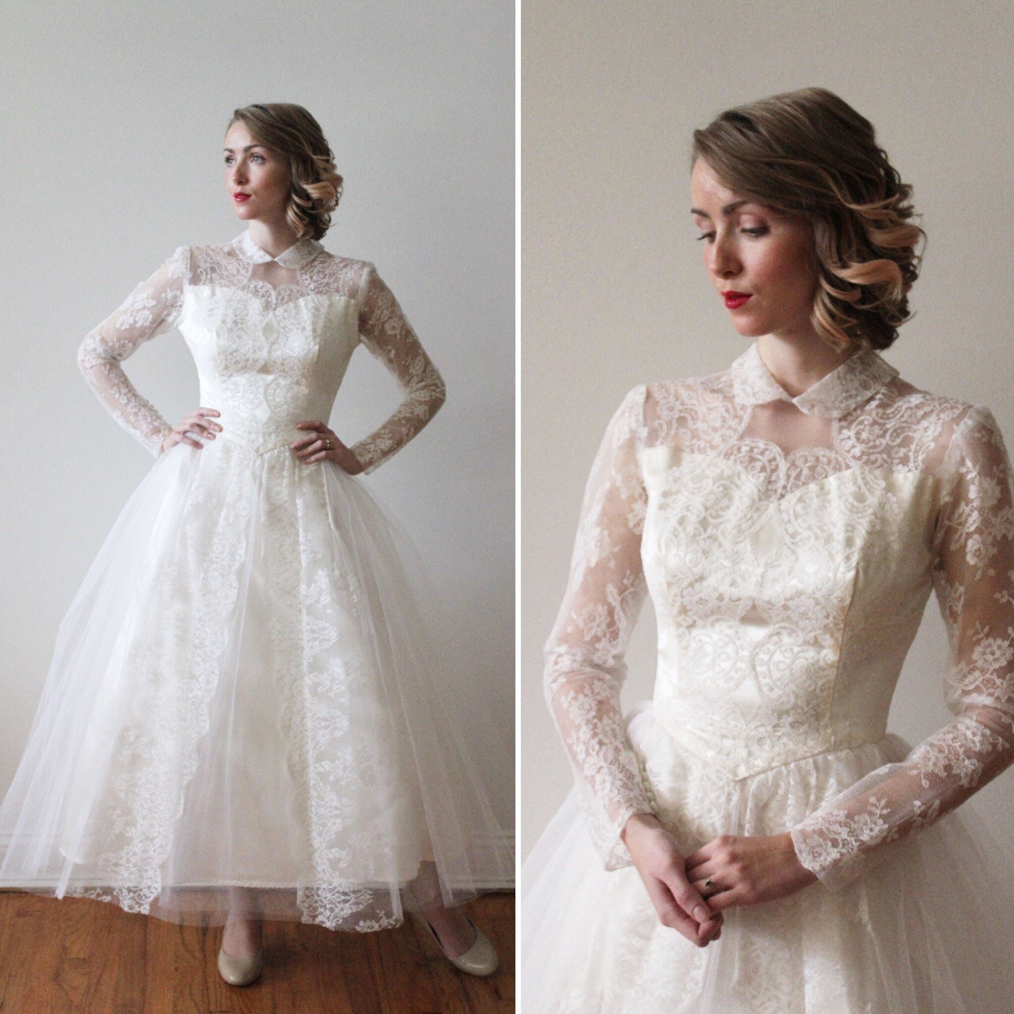 Vintage 1950s Peter Pan Collared Long Sleeved Lace And Tulle Etsy