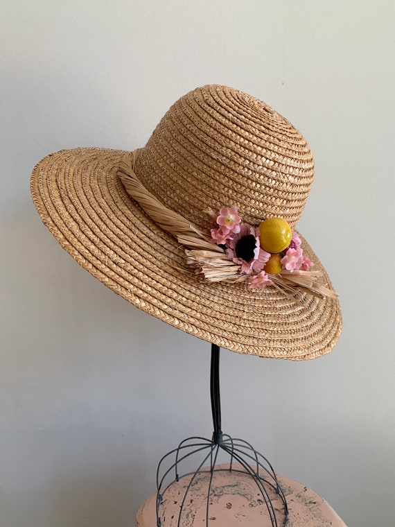 Vintage 1950's Straw Hat with Flower Details - Beach Wedding, Summer Wedding, Derby Hat, Church Hat