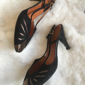 Vintage Black and Gold Suede Leather Slingback High Heels by La Vallee