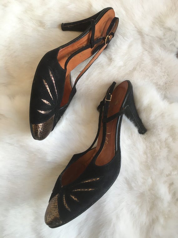 Vintage Black and Gold Suede Leather Slingback Hig